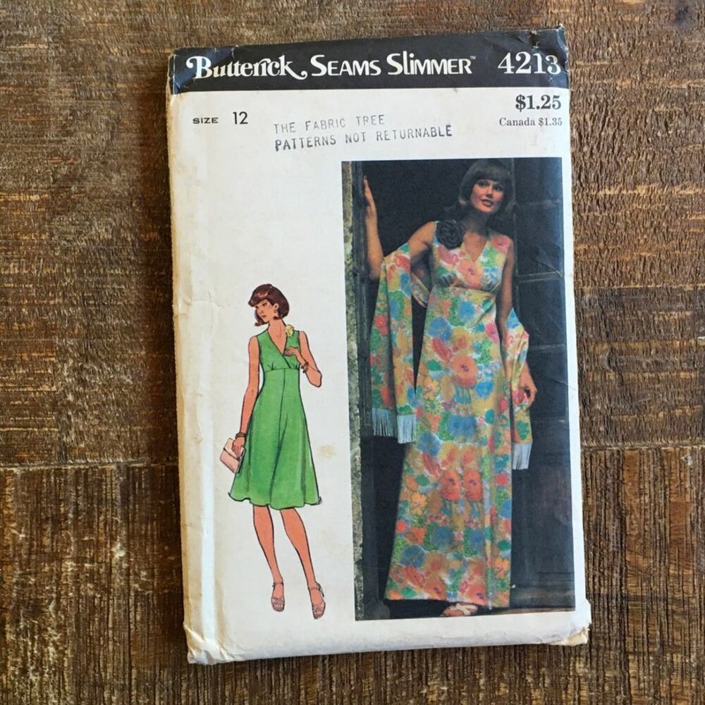 Butterick Sewing Pattern 4212 Vintage 70s Surplice Bodice Dress Stole 12 UNCUT